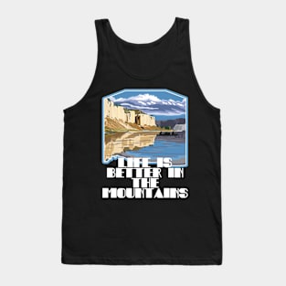 LIFE IS BETTER IN THE MOUNTAINS Retro Vintage Posted Mountain Range Wiht Lake And Adventurers On A Canoe And Kayak Trip Tank Top